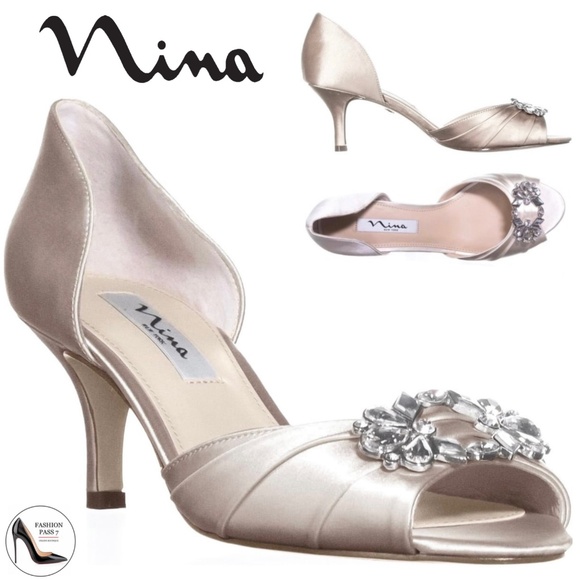 Nina Shoes - NINA CHARISA IVORY SATIN CRYSTAL Kitten Heel Pumps, Wedding Bridal Dress Shoes 7